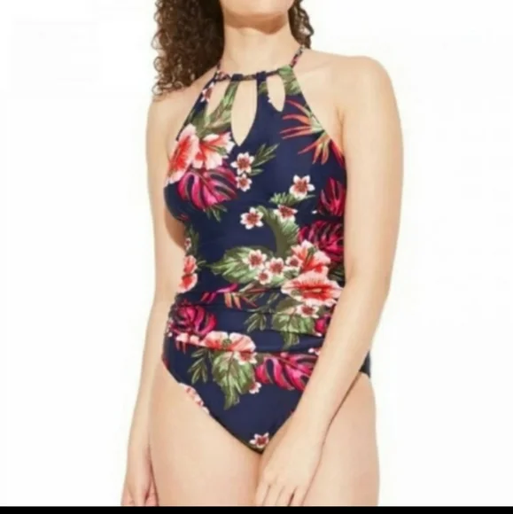 Kona Sol Swimsuit One Piece Keyhole Navy Floral Ruched Tie Open Back Bathing - Picture 3 of 7